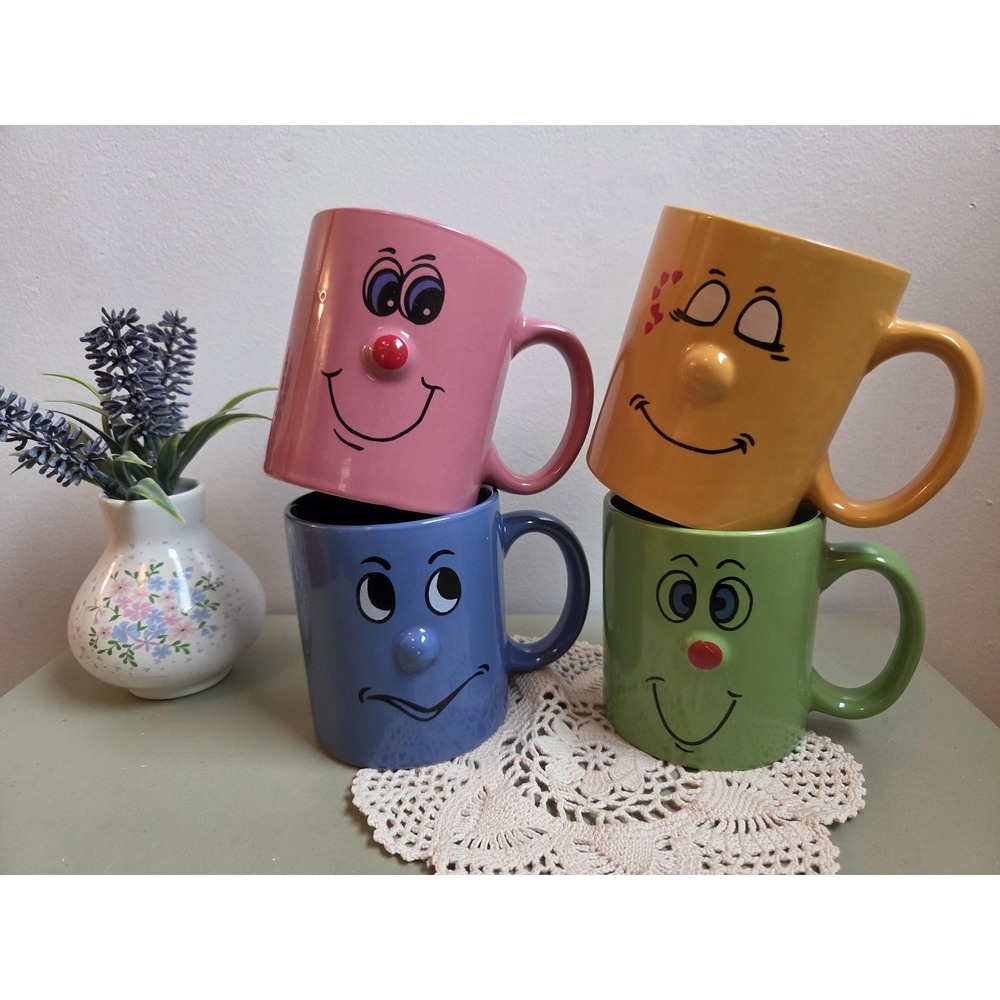 Set of 4 Colorful Smiley Face Mugs 3D Nose Retro Kitsch Coffee Cups